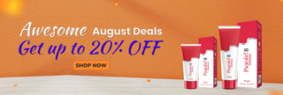 Promotional banner with skincare products and 'Awesome August Deals' text on an orange background.