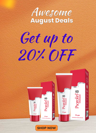 Promotional advertisement for Psorolan B products with 'Awesome August Deals' text on an orange background.