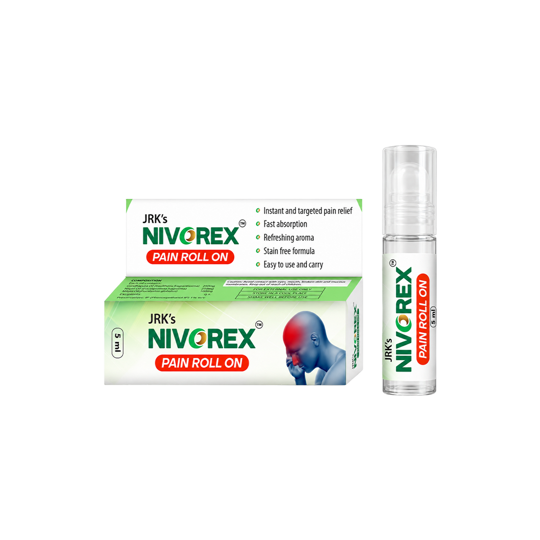 JRK's Nivorex Pain Roll-On for Headache Migraine Nasal block Nasal congestion Neck joint pain and Throat discomfort