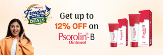 Promotional banner for Caredura Freedom Month Deals featuring a woman on the left and three tubes and boxes of Psorolin-B Ointment on the right, with text offering up to 12% off.
