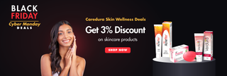 Promotional banner for Caredura Skin Wellness featuring a smiling woman on the left and several skincare products on a pedestal on the right, with text offering 3% discount on skincare products during Black Friday.