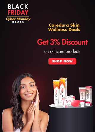 Promotional advertisement for skincare products featuring a smiling woman on the left and several skincare items displayed on a pedestal on the right, with text reading 'Black Friday Cyber Monday Deals,' 'Caredura Skin Wellness Deals,' 'Get 3% Discount on skincare products,' and a red 'SHOP NOW' button.